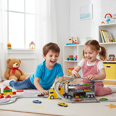 Іграшковий автовоз дитяча вантажівка з машинками трейлер-трек траса 86 см фура 4 моделі авто пускач знаки