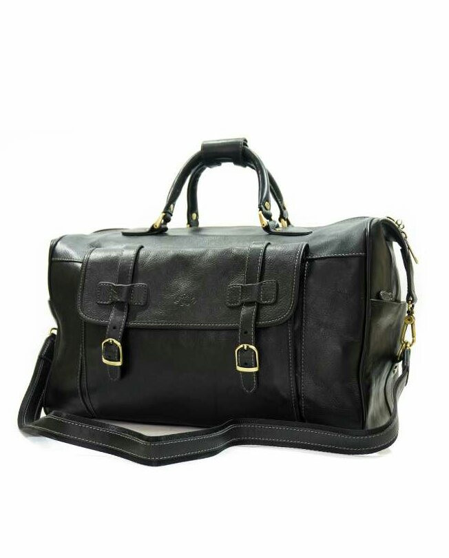 Дорожня шкіряна сумка велика з двома ручками на блискавці міцна містка чорного кольору, фото 1