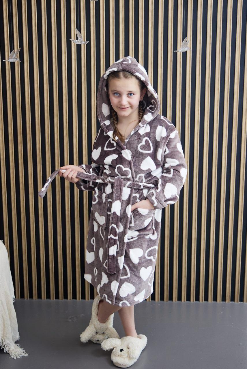 Дитячий халат з капюшоном, м’який теплий халат у сердечка
