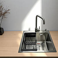 Квадратная мойка 50х50 см из нержавеющей стали: эргономичный комплект со смесителем, дозатором и корзиной