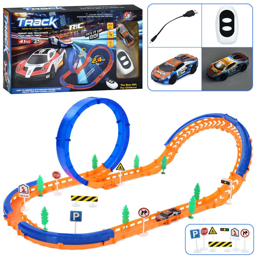 Трек FT-68 (12шт) 288см/78-43-26см, машина (8см, р/к2,4G, акум, USBзарядне, світло), дорожні знаки, 41дет, в кор-ці, 40-24-7см, фото 1