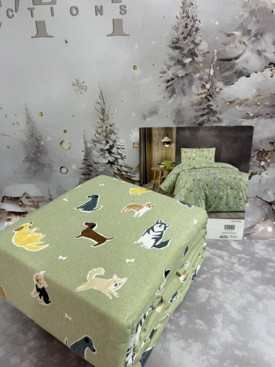 Постільна білизна з фланелі Cotton Collection полуторний розмір Green Dogs, фото 1