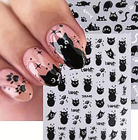 3D наклейки для нігтів «Котики» чорні, аркуш 10×8 см, 2 аркуша