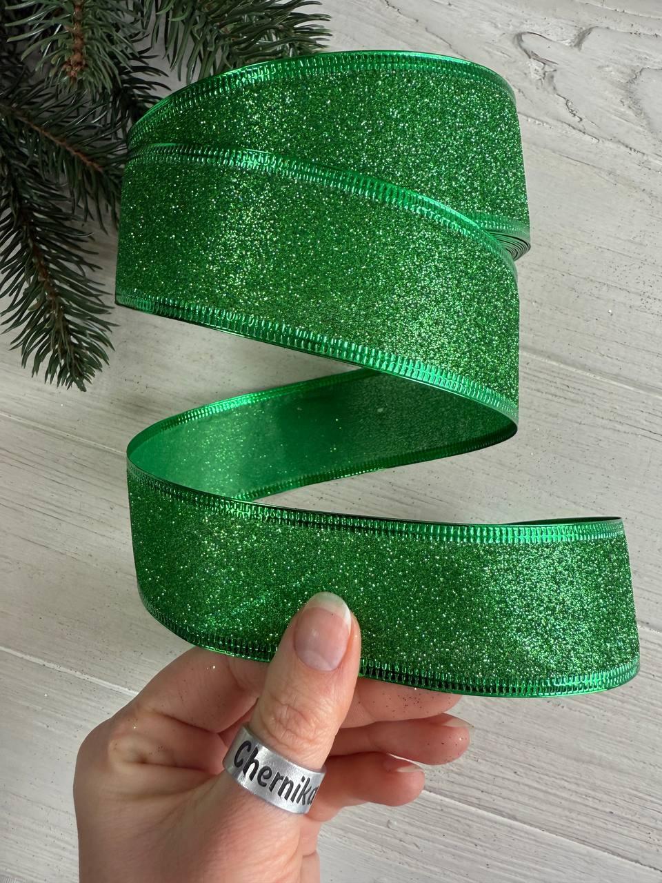 Стрічка блискуча новорічна 3,8" Метал ", зелена 19 метрів