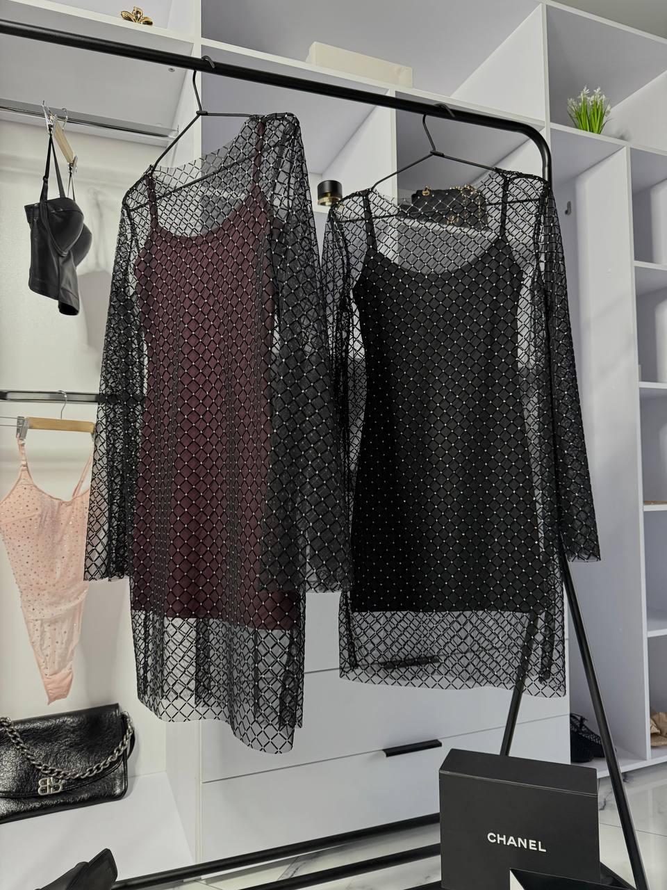 Комплект двійка сукня міні + сітка зі стразами Модель: 824-1679 Колір: чорний+чорний; чорний+бордо, фото 1