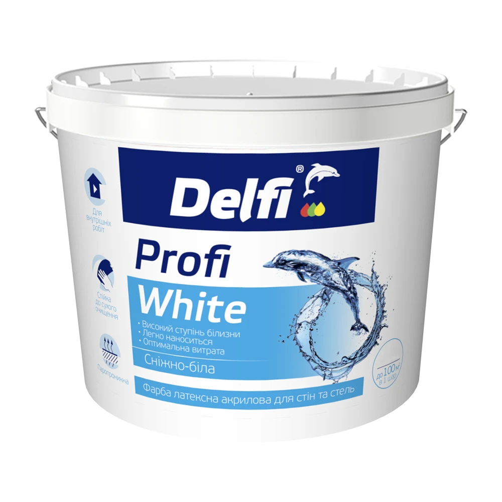 Фарба латексна акрилова для стін і стель "Profi White" Delfi білий (база А) 7 кг