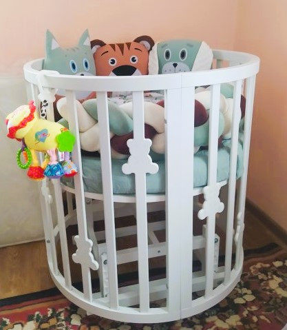 Овальне дитяче ліжко | Дитячі ліжечка трансформери | Круглі ліжечка | Манеж трансформер з ведмедиками, зірочками