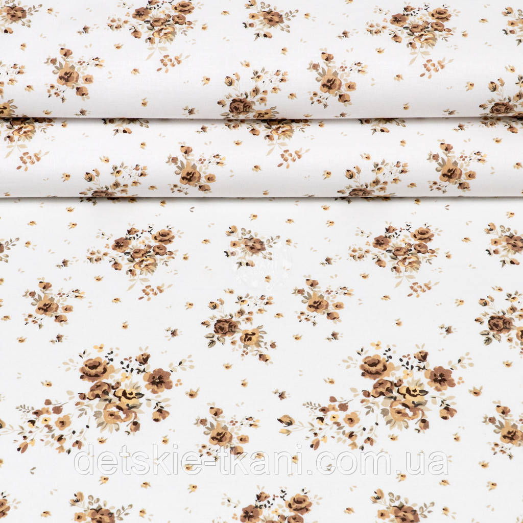 Ранфорс шириною 240 см "Троянди коричневі та бежеві" на білому тлі, №5767, фото 1