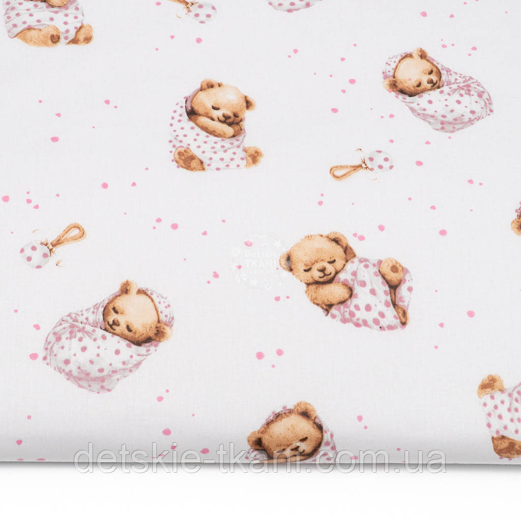 Бязь "Ведмедик у пледику та брязкальце на білому тлі", №5399, фото 1