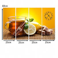 Модульна картина з годинником для кухні «Чашка чаю з лимоном та корицею» Настінний декор для кафе 100х60 см з 4х частин, фото 5