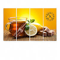 Модульна картина з годинником для кухні «Чашка чаю з лимоном та корицею» Настінний декор для кафе 100х60 см з 4х частин, фото 2
