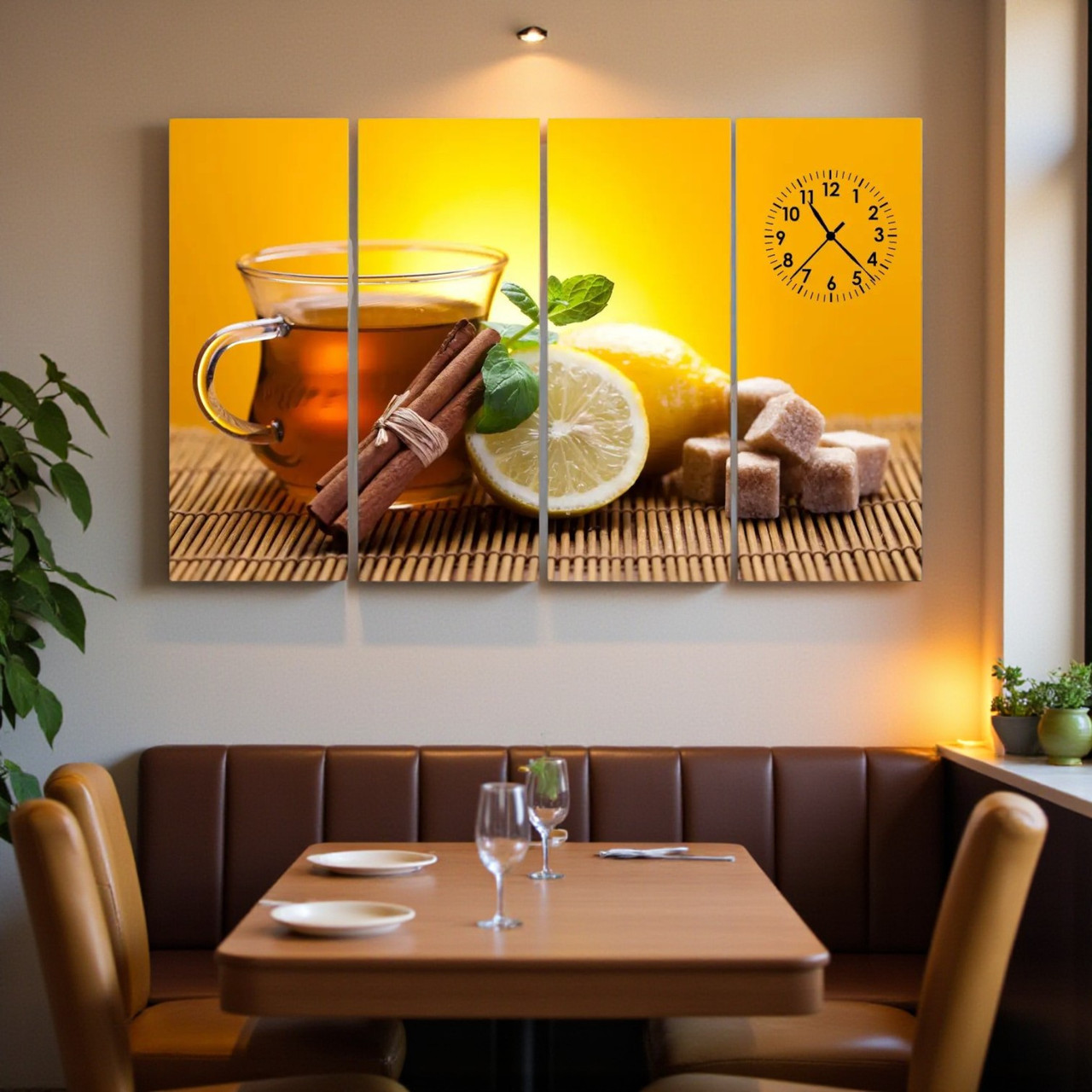 Модульна картина з годинником для кухні «Чашка чаю з лимоном та корицею» Настінний декор для кафе 100х60 см з 4х частин, фото 1
