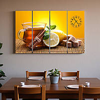 Модульна картина з годинником для кухні «Чашка чаю з лимоном та корицею» Настінний декор для кафе 100х60 см з 4х частин, фото 3