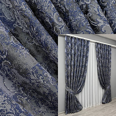 Комплект штор (2шт. 1,5х2,95м.) "Льон Преміум", Туреччина. Колір сірий з синім. Код 1835ш 33-0827