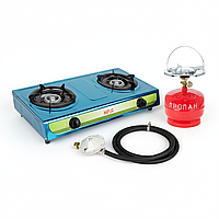 Комплект плита настільна газова Мрія 2 конфорки нержавіюча сталь з балоном 5 л ( підключення 3м шланга редуктор)
