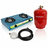 Комплект плита настільна газова Мрія 2 конфорки нержавіюча сталь з балоном 12 л ( підключення 3м шланга редуктор)