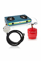 Комплект плита настільна газова Мрія 2 конфорки нержавіюча сталь з балоном 8 л ( підключення 3м шланга редуктор)