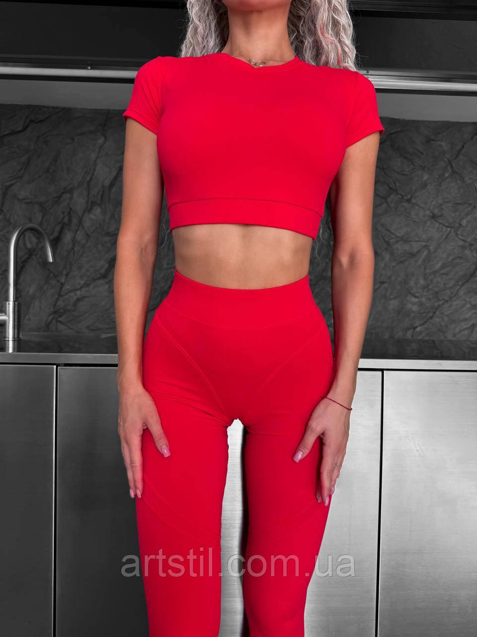 Червоний фітнес костюм з імітацією білизни топ та легінси, Комплект для тренувань кроп-топ та лосини з пуш-ап ефектом, фото 1