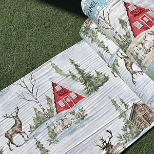 Фланелева тканина новорічна, олені та зайчики з будиночками в лісі (шир. 2,4 м) (FL-FR-0414)