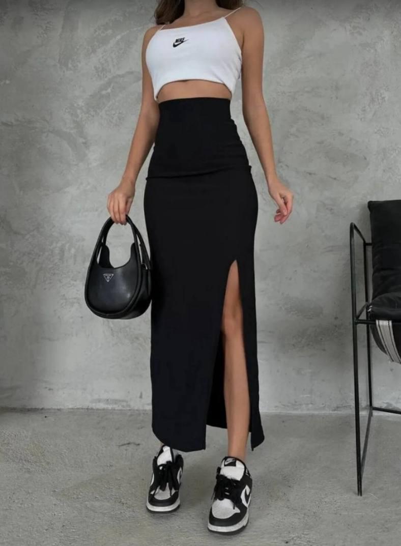 Елегантна жіноча спідниця міді на високій посадці з розрізом, фото 1