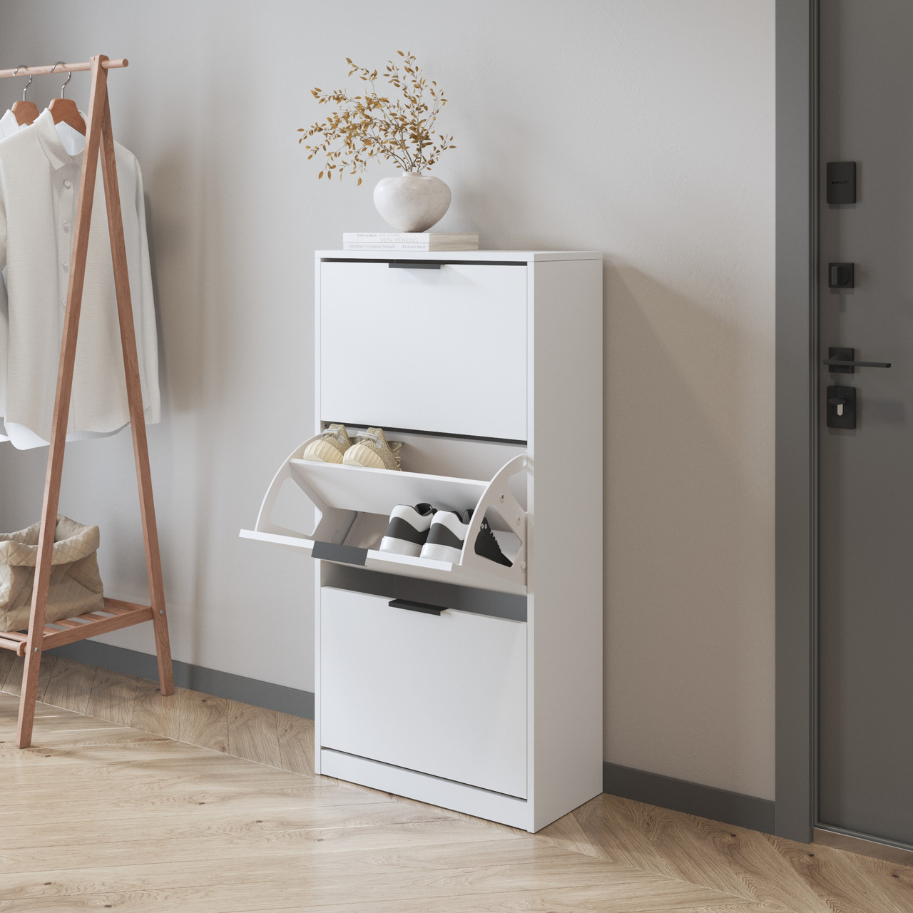 Вертикальна тридверна взуттєва тумба з ламінованого ДСП Взуттєвниці в передпокій 60 см завширшки, фото 1