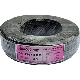 Кабель коаксіальний RG-174/U EUROSAT 50 Ом, луджена мідь, 100 м, чорний, багатожильний (для антени, військовий монтаж)
