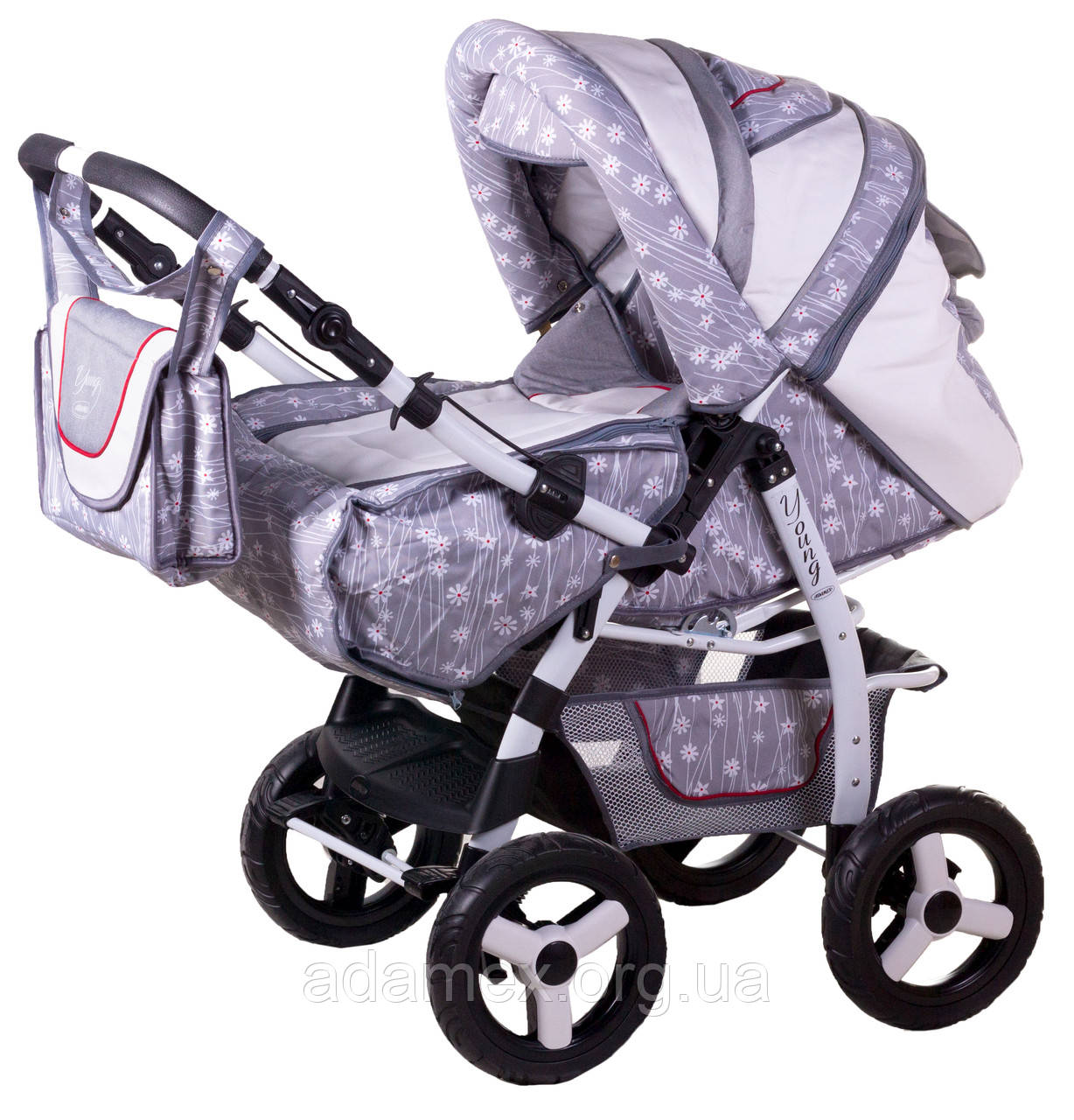 Коляска Adamex YOUNG світло-сірий льон-біла шкіра-квіточка