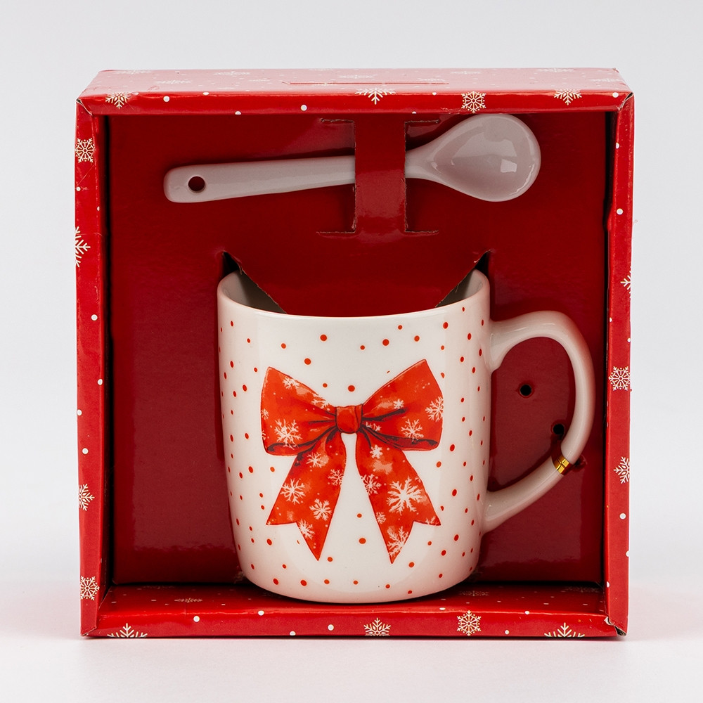 Набір подарунковий новорічний чашка з ручкою та ложечкою "Різдвяний бантик" у подарунковій упаковці 200 мл, фото 1