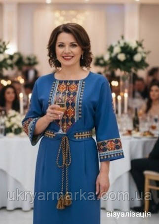 Святкова синя сукня з вишивкою хрестиком "Орнаментоване сонце"