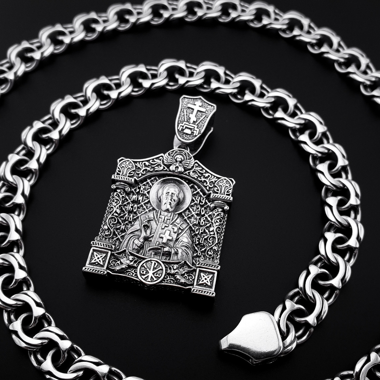 Срібна цепочка Бісмарк з ладанкою Святий Миколай. Срібна підвіска з молитвою і ланцюжок срібло. 55 см, фото 1