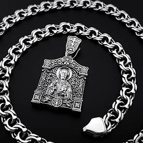 Срібна цепочка Бісмарк з ладанкою Святий Миколай. Срібна підвіска з молитвою і ланцюжок срібло. 55 см