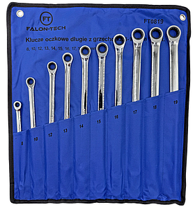 Набір довгих накидних ключів із тріскачкою 10 од., 8-19 мм Falon-Tech FT0819