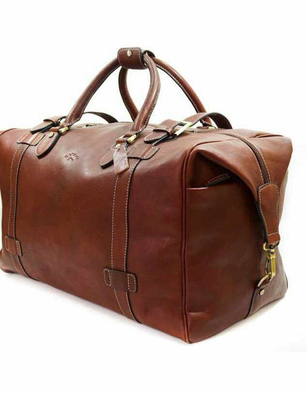 Дорожня сумка велика шкіряна стильна з двома ручками на блискавці міцна коричнева