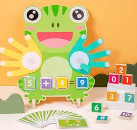 Математична дошка C 75291 "Жабка", двосторонні кубики з цифрами, двосторонні картки із прикладами, долоні з липучками,