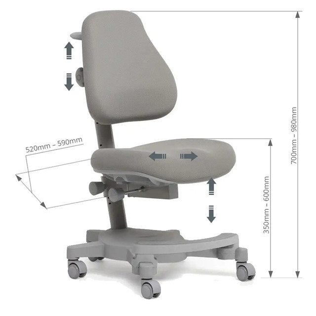 Схема розмірів ортопедичного крісла Cubby Solidago Grey, регулювання висоти та глибини