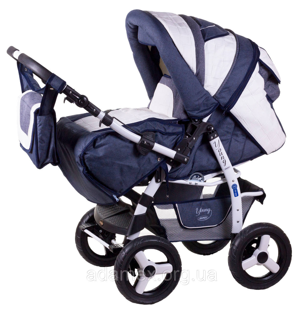 Коляска Adamex YOUNG синій льон-біла шкіра плетіння