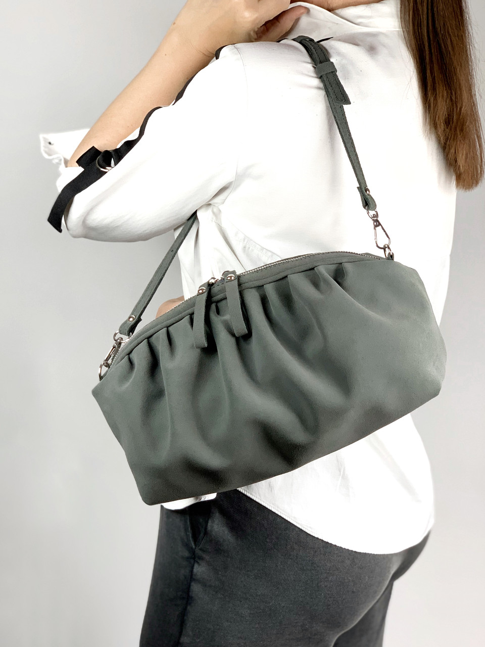 Сумка жіноча "Діва" натуральна шкіра,  замша, сірий колір, фото 1