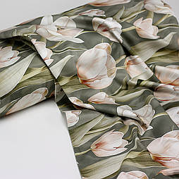 Сатин digital, ширина 240 см "Пудрові тюльпани" на сірому-зеленому тлі № F-3576