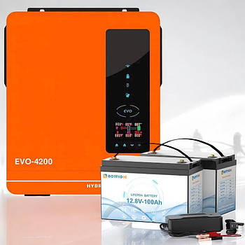 Інвертор Anern 4.2 кВт + 2 акумулятор Bottione LiFePO4 12.8V, 2.56 кВт ,комплект автономного живлення з кабелями в подарунок