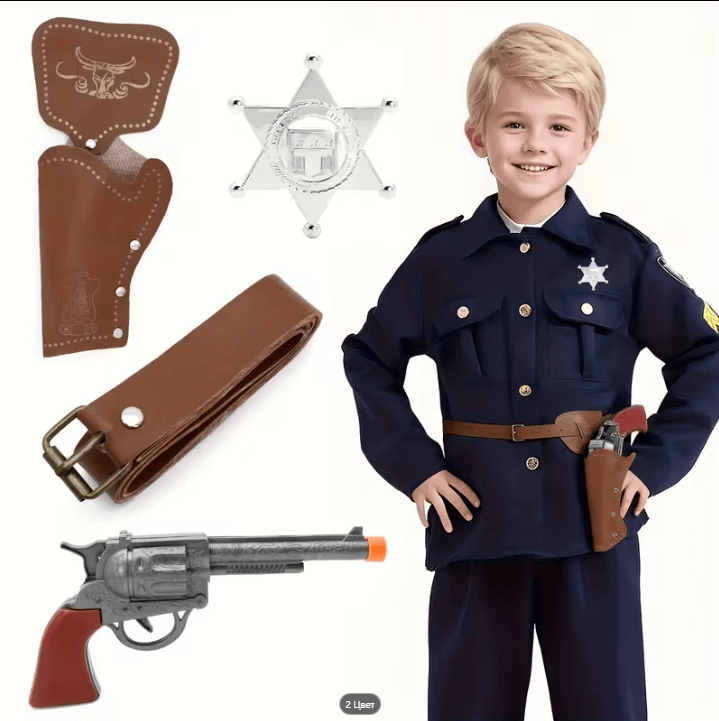 Набір ковбоя Дитячий коричневий 4 предмети: Револьвер зі звуком, кобура, значок Шерифа, ремінь, фото 1