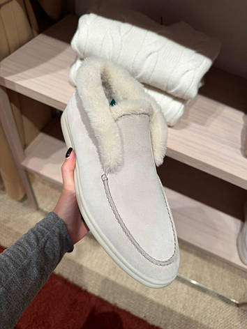 Жіночі замшеві зимові черевики лофери Loro Piana Open Walk з хутром кролик Лоро Піана, фото 1