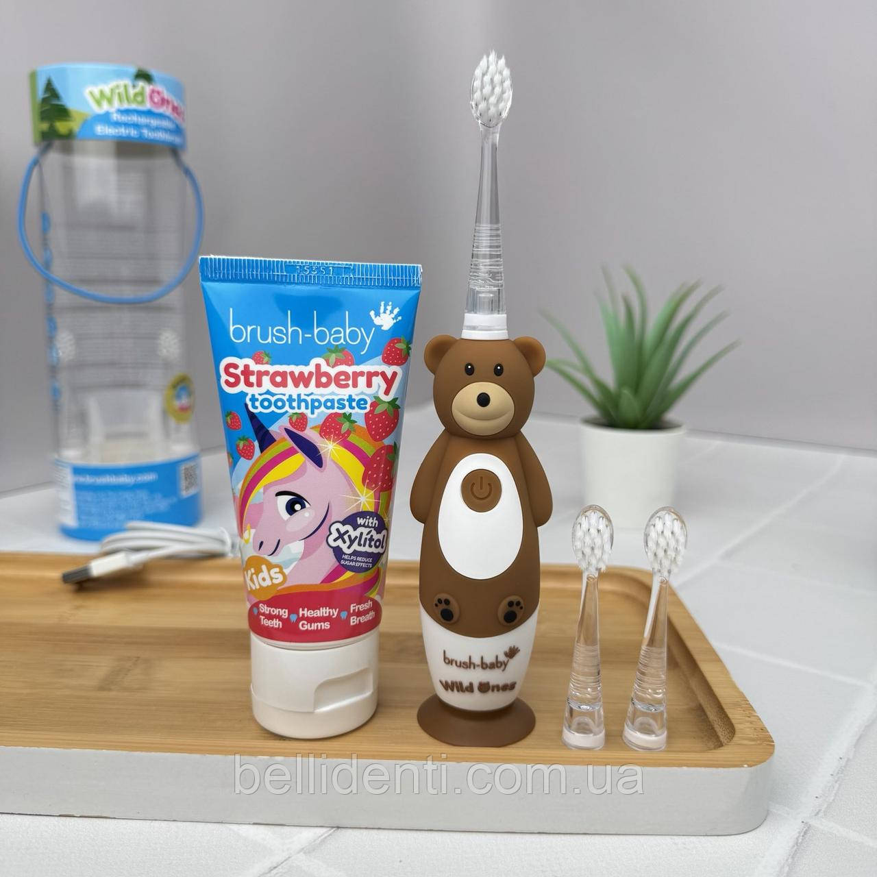 Набір від 3 до 10 років (щітка Brush Baby WildOnes Sonic, ведмедик і паста Brush-Baby 50 мл, єдиноріжка)