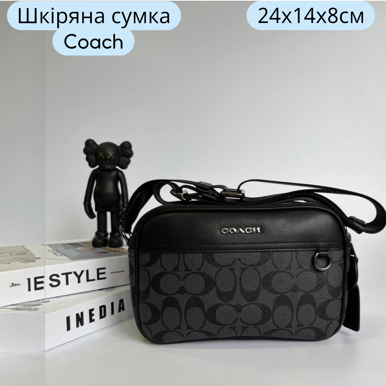 Класична чоловіча сумка через плече Coach шкіряна чорна з сірим ділова крос боді коуч, фото 1