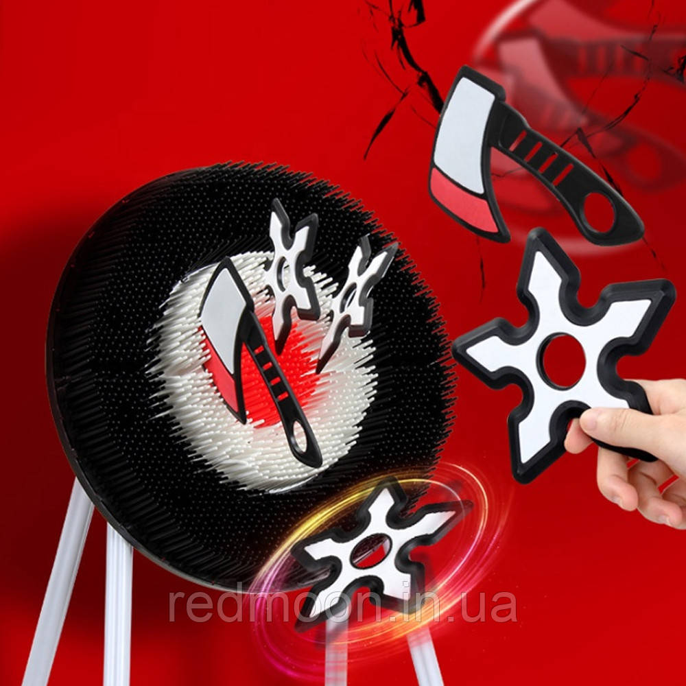 Ігрова мішень для дартсу + Топорики + Сюрікени / Стійка-мішень для метання топорів та зірочок / Набір для гри на вулиці, фото 1