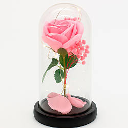 Вічна троянда в скляному куполі з LED-підсвічуванням, 22 см, рожева / Нічник вічна троянда / Квітка в колбі / Древо Любові