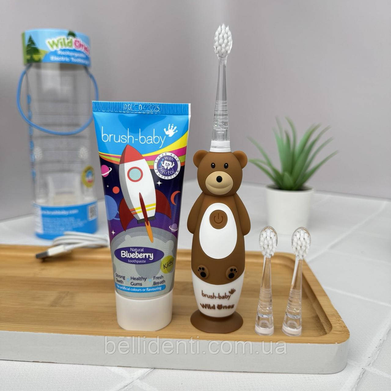 Набір від 3 до 10 років (щітка Brush Baby WildOnes Sonic, ведмедик і  паста Brush-Baby 50 мл, ракета)