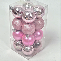 Кулі для ялинки набір пластикових глянсових, матових і глітерних — 5 см рожевий 16 штук