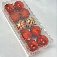 Різдвяні кулі набір пластикових глянцевих, матових і глітерних — 8 см червоні 10 штук