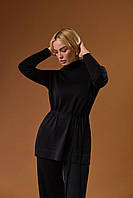 Джемпер жіночий бавовна довгий прямий крій розрізи комір стійка 42/46 чорний