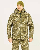 Куртка тактична утеплена на флісі з капюшоном, тканина софтшелл піксель